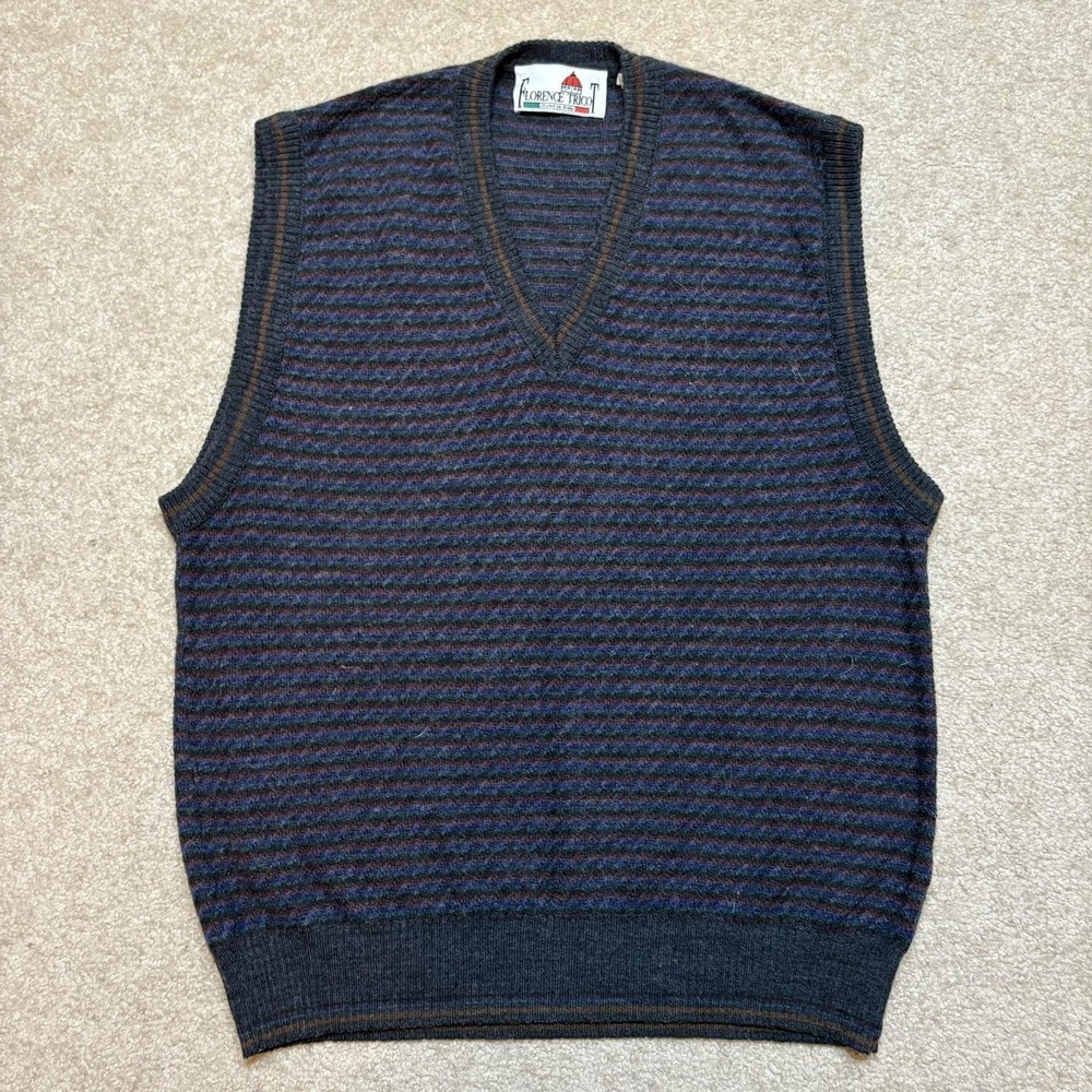 Vtg Florence Tricot Sweater Vest Mens Large Multicolor Striped Knit V Neck Italy